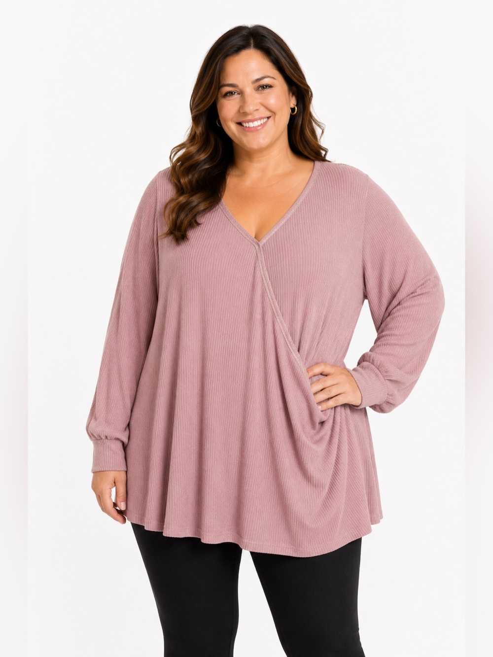 Bnwt Suzanne Betro  Pink Ribbed Wrap-Style Long Sleeve Top